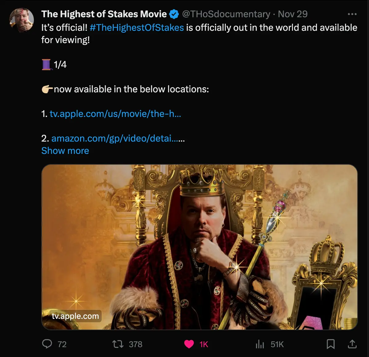 Tweet from the official 'The Highest of Stakes' page saying where to watch the movie